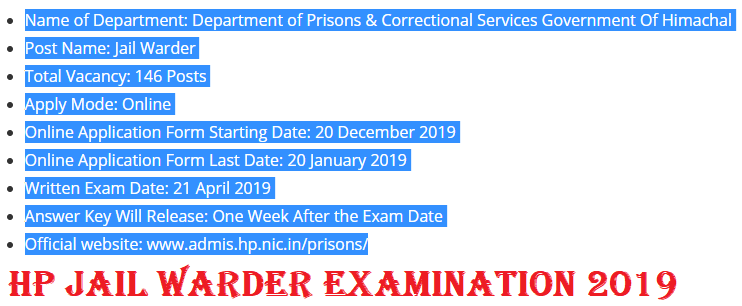 HP Jail Warder Examination 2019